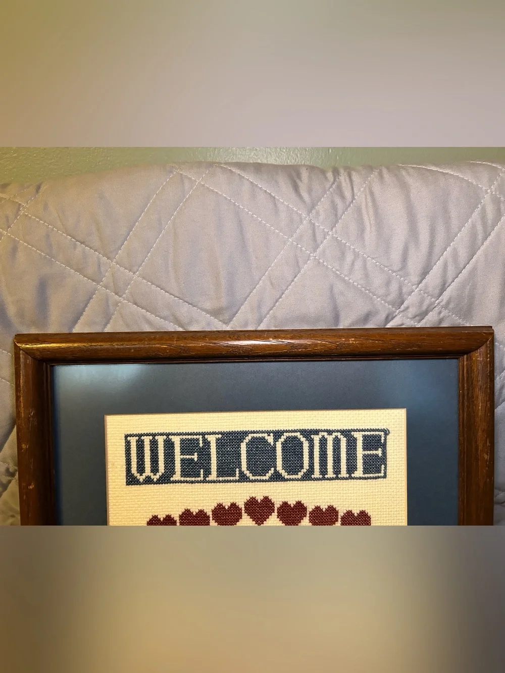 Vintage Framed Finished Cross Stitch Welcome Friends Country Cottage Wall Decor